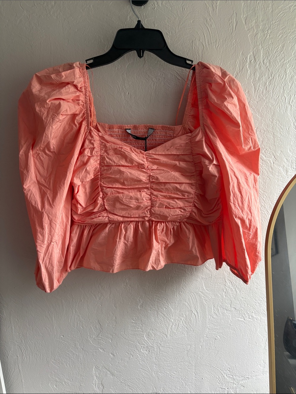 Zara Peach Puff Sleeve Ruched Sweetheart Crop Top - Picture 3 of 6